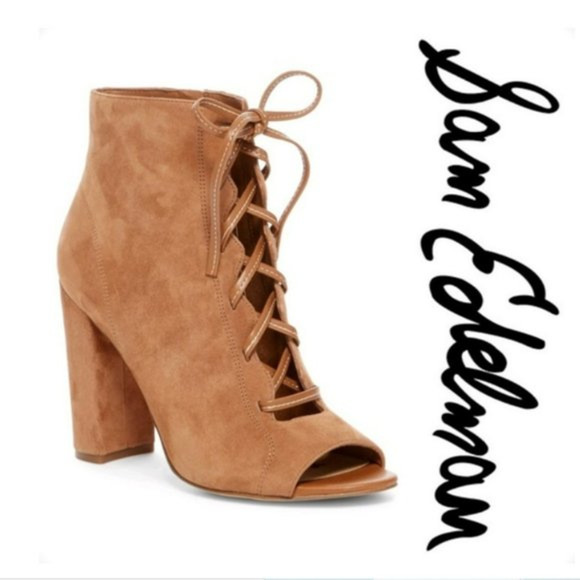 Sam Edelman Yvie Lace-up Saddle Leather Suede Tan Booties Women's Boots Size 8 - Picture 1 of 13